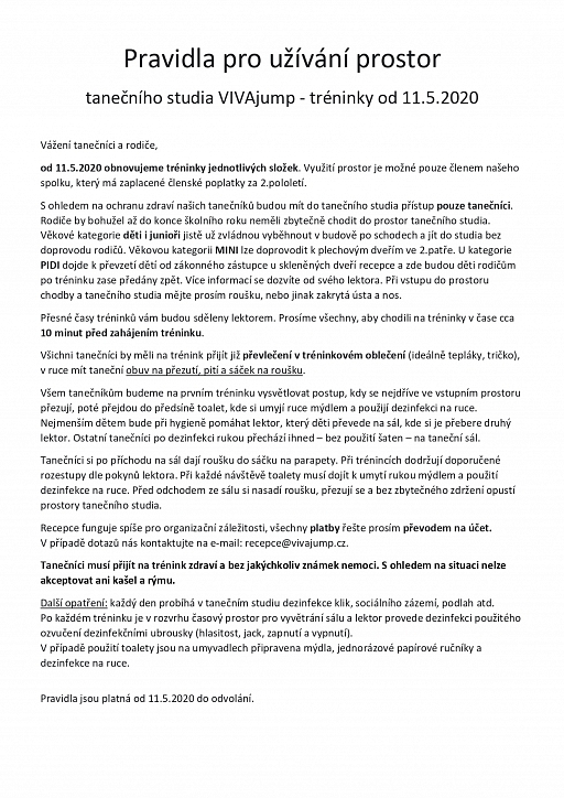 Tréninky od 11.5.2020 - pravidla