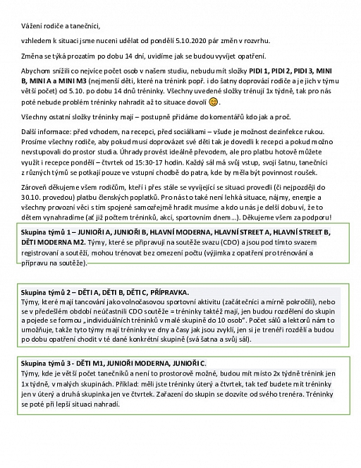 Informace - tréninky od 5.10.2020